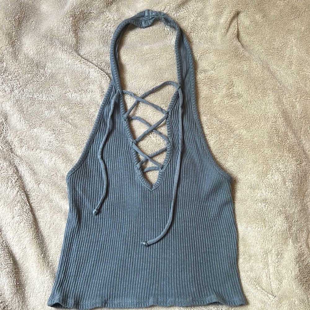 Project social T + Urban Outfitters blue strappy cropped halter top!